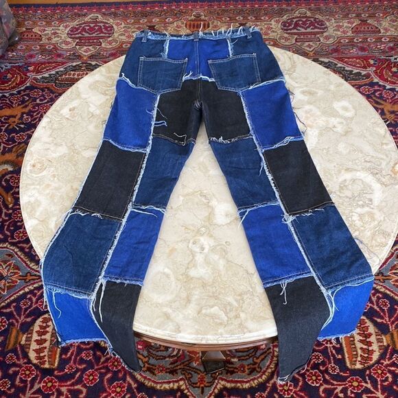 Shein Patchwork Distressed Black & Blue Denim High Waist Button Fly Flare Jeans - Picture 10 of 16